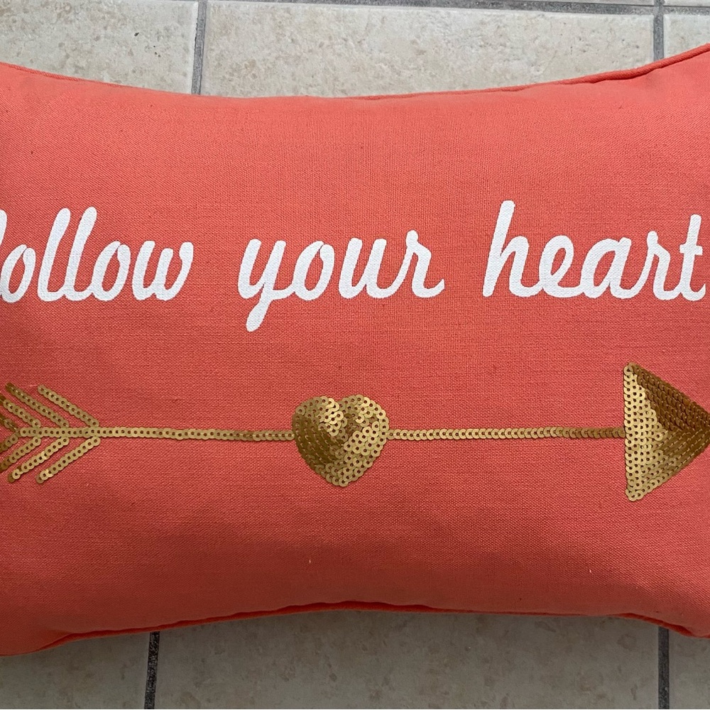 “follow your heart” Orange, Throw Pillow with Gold Sequin Arrow Home Decor